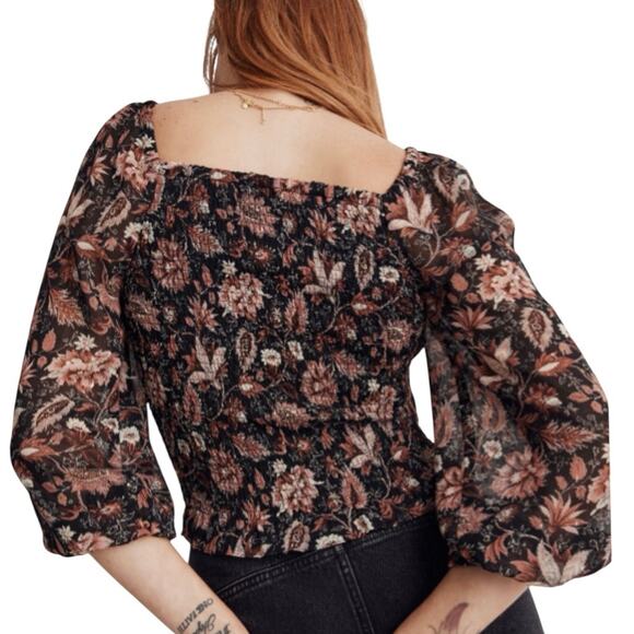 Madewell Lucie Floral Smocked Top Sheer Sleeves Crop Size L NWT - Picture 3 of 11